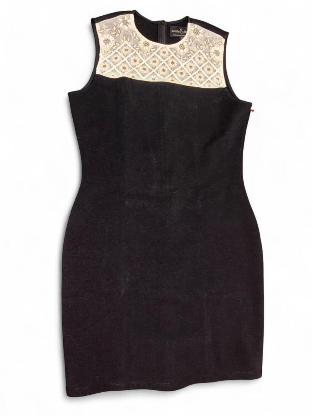 Black Bodycon Dress with Hand-Embellished Ivory Sequin Yoke - US 10 / UK 14